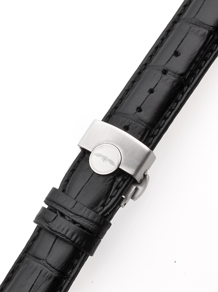 Perigaum Leather Strap 22 x 175 mm Black Silver Folding Clasp